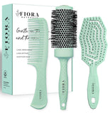 Hair Brush Set For Women - Fiora Naturals Hair Detangler Brush, Round Brush, and Comb Set - Bio-friendly Hairbrushes for Detangling and Blow Drying - For All Hair Types, Natural, Fine & Curly.