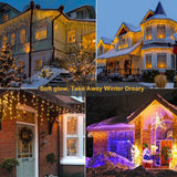 Warm White Christmas Lights Outdoor, 66ft 640 LED Icicle Lights for Outside House with Connectable Clear Wire 8 Modes Timer, Plug in Waterproof for Home Holiday Eaves Yard Party Room Indoor Decoration