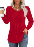 OFEEFAN Womens Long Sleeve Shirts Fall Tops Trendy Pleating Christmas Tunics or Tops to Wear with Leggings Blouse Red 3XL