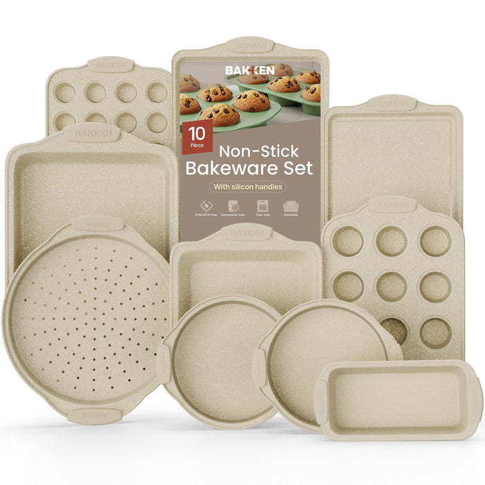 BAKKEN Kitchen Oven Baking Pans - Nonstick Gray Coating, Carbon Steel Bakeware Set with White Silicone Handles, Commercial Restaurant Quality Pans, PFOA, PFOS, PTFE Free, Oven Safe (450° F), Set of 10