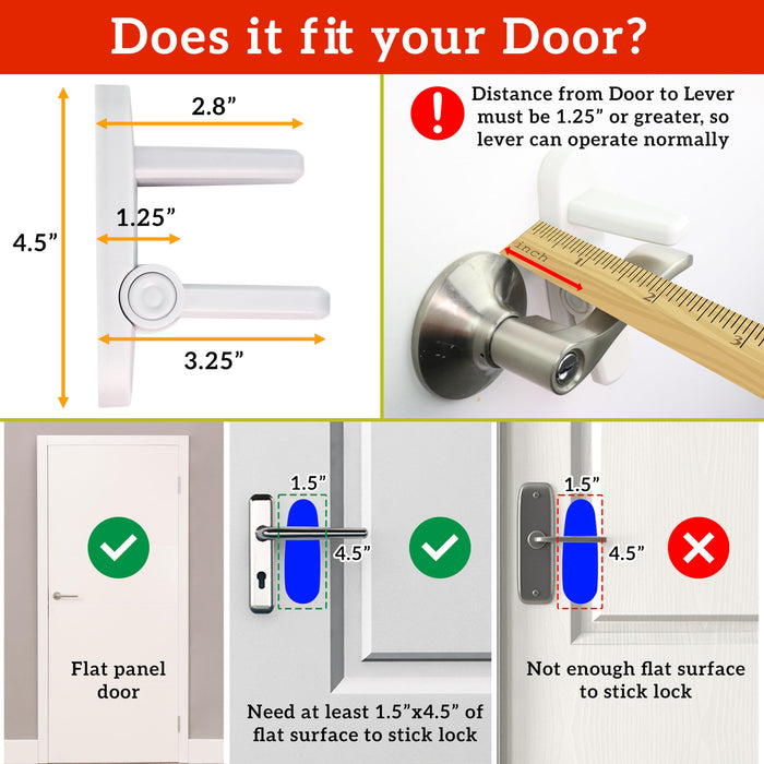 Door Lever Lock (2 Pack) Prevents Toddlers from Opening Doors. 3.25" L * 1.5" W * 4.5" H Easy One Hand Operation for Adults. Durable ABS with 3M Adhesive Backing. Simple Install, No Tools Needed.