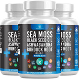 Health Heals Silicon Sea Moss 3000 Black Seed Oil 2000 Ashwagandha 1000 Bladderwrack 1000 Burdock 1000-180 Count