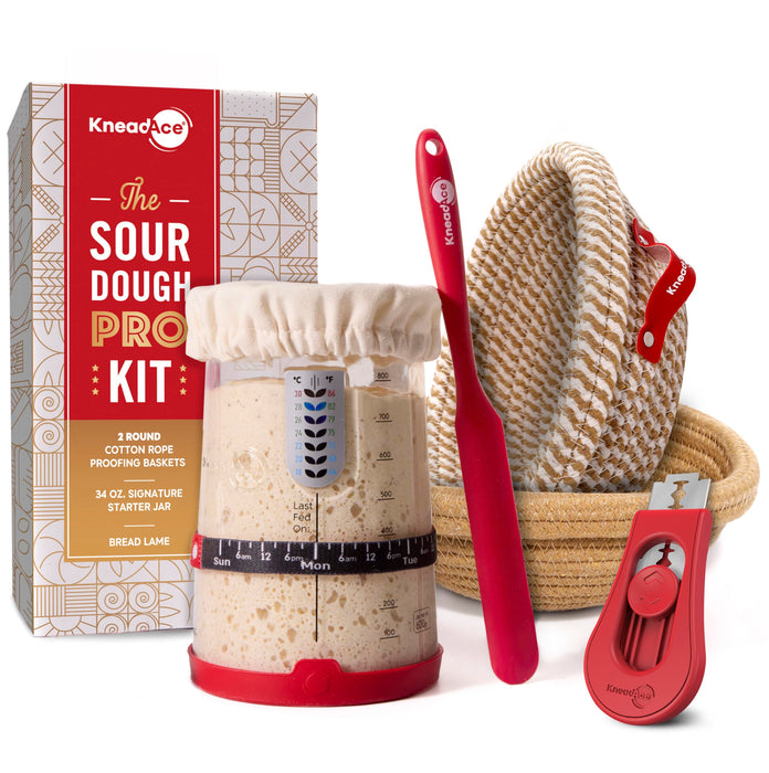 KneadAce Sourdough Starter Kit (PRO 34oz Jar, 2xRound Baskets, Red Bread Lame)