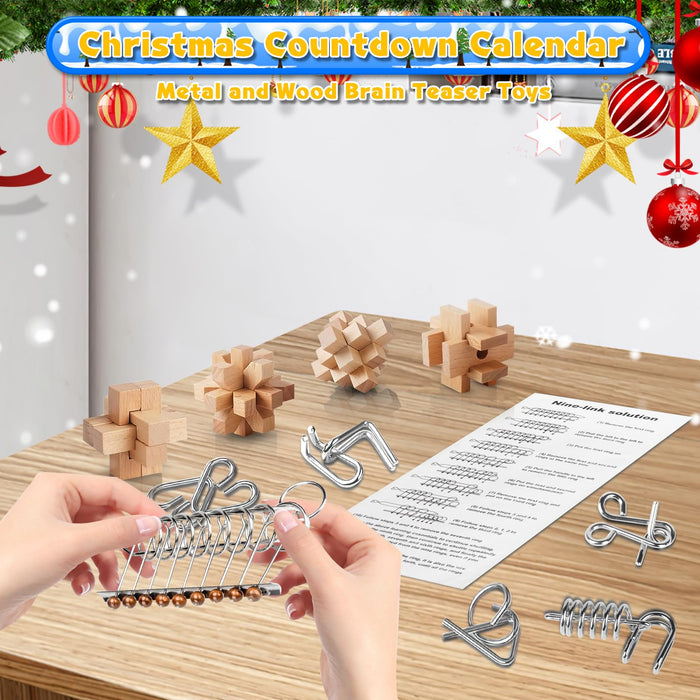 Advent Calendar 2024, Christmas Countdown Calendar with Brain Teaser Puzzles, 24 Days Metal & Wood Puzzle Christmas Countdown Calendar, Brain Challenge Games Toys Gifts for Boys Girls Teens Adults