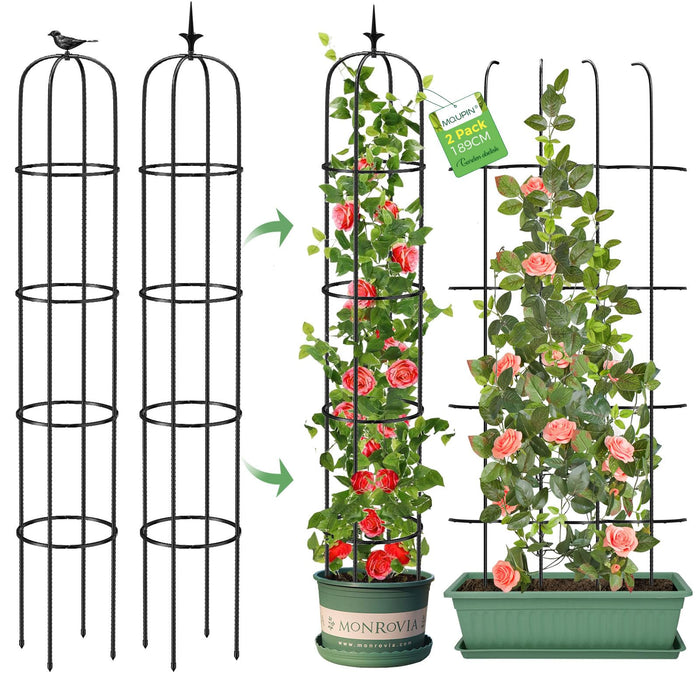 Tower Obelisk Garden Trellis for Climbing Plant，6.2FT/74.4" Rustproof Metal Potted Plant Climbing Support for Indoor Outdoor Flowers Vegetable Fruits Vines Support (2Pcs)