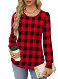 Christmas Shirts for Women Long Sleeve Tops Fleece Sweaters Warm Cozy Dressy Casual Blouses Curved Hemline Plaid Black Red L