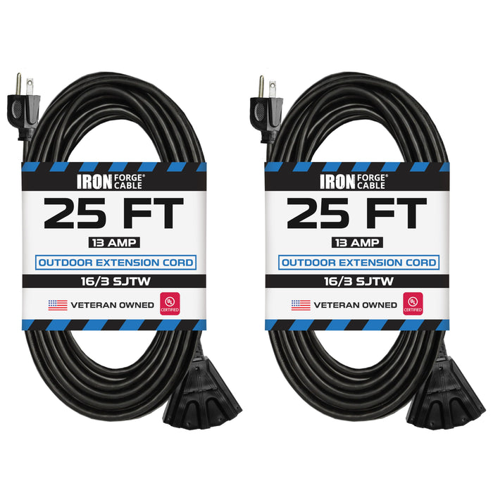 Iron Forge Cable 2 Pack of 25 Ft Outdoor Extension Cords with 3 Electrical Power Outlets - 16/3 SJTW Durable Black Cable with 3 Prong Grounded Plug for Safety, Great for Christmas Lights and Outside