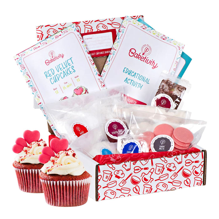 Baketivity Kids Baking Set, Meal Cooking Party Supply Kit for Teens, Real Fun Little Junior Chef Essential Kitchen Lessons, Includes Pre-Measured Ingredients (Baketivity Kit, Red Velvet)