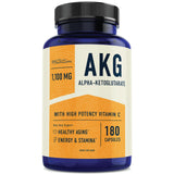 AKG Supplement | 1,100MG Per Serving | 180 Capsules | Alpha Ketoglutarate With Calcium + Vitamin C | For Healthy Aging, Longevity, Energy, and Focus | Vegan, Gluten-Free, Non-GMO, Third-Party Tested
