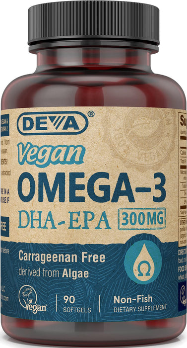 DEVA Vegan Omega-3 DHA EPA Supplement Once-Per-Day Softgel 300 MG - Carrageenan Gelatin & Gluten Free - Non-Fish Algae Oil Fatty Acids - 90 Softgels