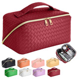 ZAUKNYA Large Capacity Travel Cosmetic Bag - Makeup Bag, Portable Leather Waterproof Women Travel Makeup Bag Organizer, with Handle and Divider Flat Lay Checkered Cosmetic Bags (Burgundy)