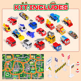 EPUMP Advent Calendar 2024 Kids: 24 Days Christmas Countdown Pull-Back Car Toys - City Construction Vehicle Traffic Sign Set with Playmat - Xmas Holiday Party Favor Gift for Boys Girls Children