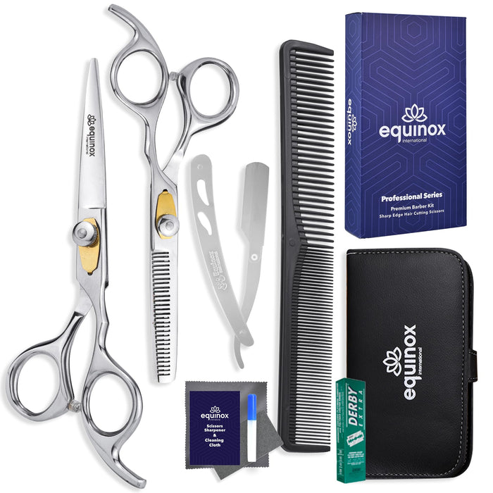 Equinox Professional Hair Cutting Scissors Set - Hair Cutting Kit - 9 Pieces Set - Thinning Shears & Straight Razors with Derby Blades - Professional Barber Scissors