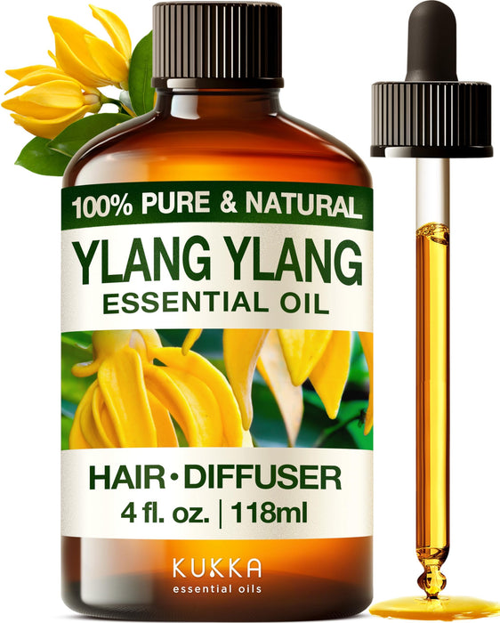 Kukka Ylang-Ylang Essential Oil for Diffuser - 100% Natural Ylang Ylang Essential Oil for Skin - Ylang Ylang Oil for Hair & Aromatherapy - Soap Making Scent & DIY (4 Fl Oz)