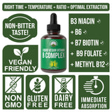 B Complex Liquid Drops Vegan Supplement. Best 5 B Vitamins with B3 Niacin, B6, B7 Biotin, B9 Folate, Methylcobalamin B12. B-Complex For Hair, Skin Nails, Energy. For Adults, Men, Women