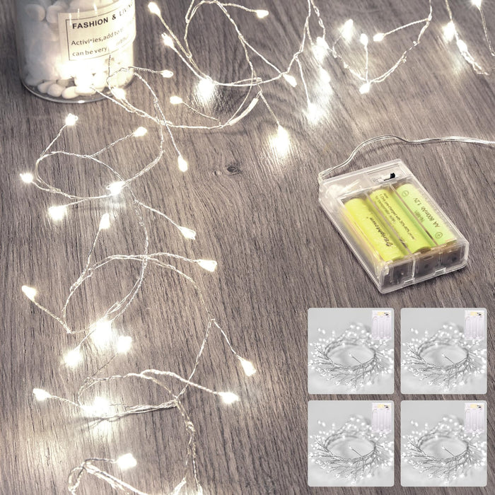 4 Pack Fairy Lights Battery Operated, Twinkle String Lights Waterproof Silver Wire 5 Feet 60 Led Firecracker Starry Lights for DIY Wreath Wedding Party Bedroom Mason Jar Holiday Christmas, Pure White