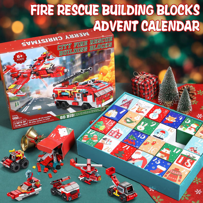 Kids Advent Calendar 2024 for Boys, 24 Days Christmas STEM Fire Rescue Building Blocks Countdown Calendar Gifts Box with 12-in-1 Construction Plane Truck Bricks Toys Set for Kids Teen Girl Boy Age 6+