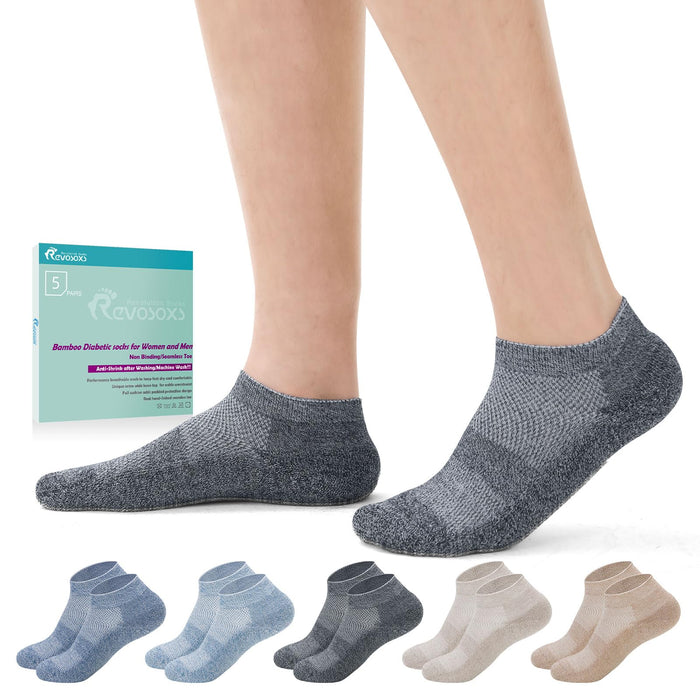 Revosoxs Diabetic Socks for Men and Women,5 Pairs Non-Binding Low Cut Diabetic Socks,Loose Top Wide Diabetic Socks Size 5-10 10-13(5 pairs Dark color-Large)