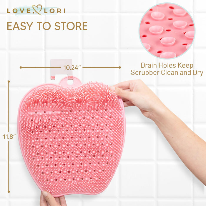 LOVE, LORI Foot Scrubber for Use in Shower - Foot Cleaner & Foot Massager Mat to Eliminate Dead Skin – Shower Accessories for Women - Non-Slip Suction (Pink)