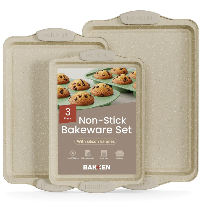 BAKKEN Cookie Sheets for Baking Nonstick Set - 3-Piece Stackable Carbon Steel Baking Sheet Pans Set with Silicone Handles, Non Toxic Cookie Sheets for Baking Bakeware Set - White Marble