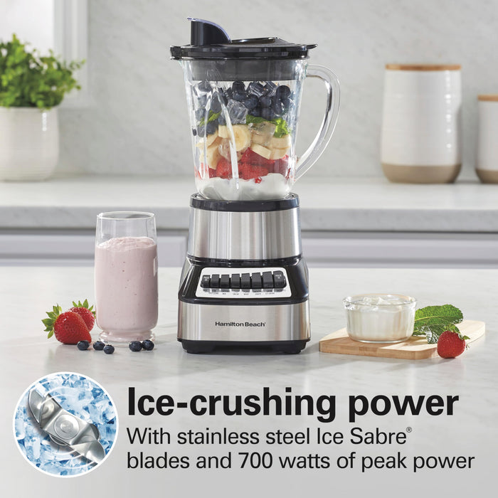 Hamilton Beach Wave Crusher Blender For Shakes and Smoothies With 40 Oz Glass Jar and 14 Functions, Ice Sabre Blades & 700 Watts for Consistently Smooth Results, Black + Stainless Steel (54221)