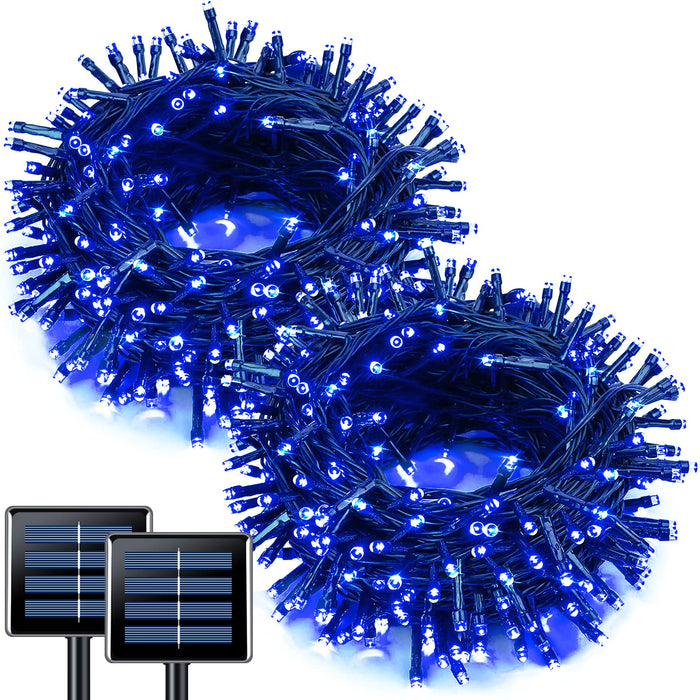 JMEXSUSS 2 Pack Blue Solar Christmas Lights: 100 LED 42.7ft Solar Halloween Lights Outdoor, 8 Modes Solar String Lights for Halloween Christmas Tree Gardens Party Outside