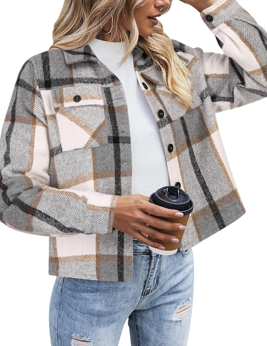 Zeagoo Flannel Shirts for Women Cropped Plaid Jacket Shacket Button Down Winter Red Christmas Jackets Coats