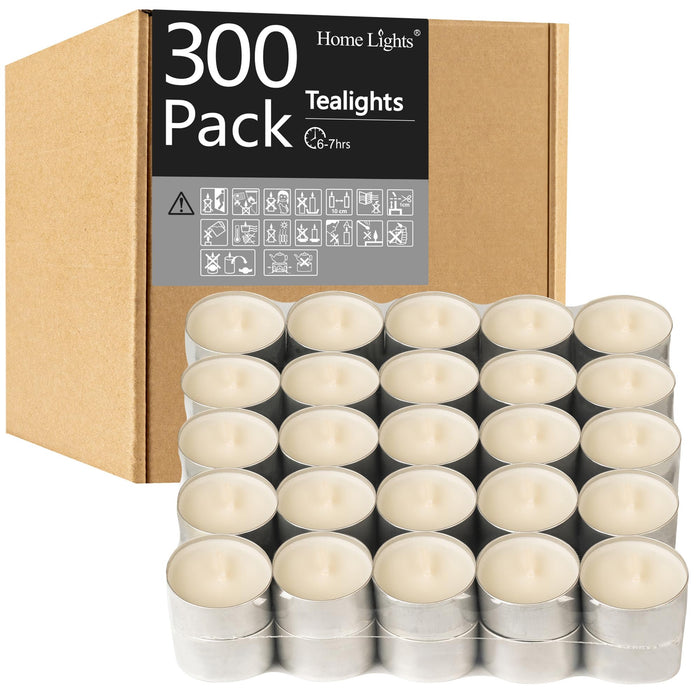 HomeLights Unscented White Tealight Candles -300 Packs, 6 to 7 Hour Burn Time Smokeless Tea Light Candles, Mini Votive Paraffin Candles with Cotton Wicks for Shabbat, Weddings, Christmas