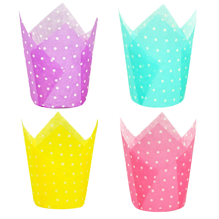 QLSmypkg Large Muffin Greaseproof paper Baking cupcake cups, 2-1/4" x 4" Blue,Yellow,Pink,Purple printed with Polka Dot(each colour about 32 pcs, total 125 pcs) Tulip Baking Cup(Large) (125, Multi)