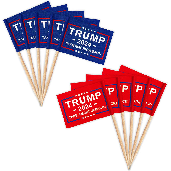 ZXvZYT Trump 2024 Flag Take America Back Flag Toothpick,Small Mini Donald Trump Cupcake Toppers Stick flags Decoration(50Pcs Blue and 50Pcs Red)