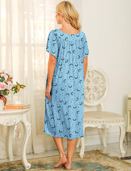 Bloggerlove House Dress Elderly Mumu Dresses Short Sleeve Duster Lounge Dress Moo Moos Nightgowns(Blue,L)