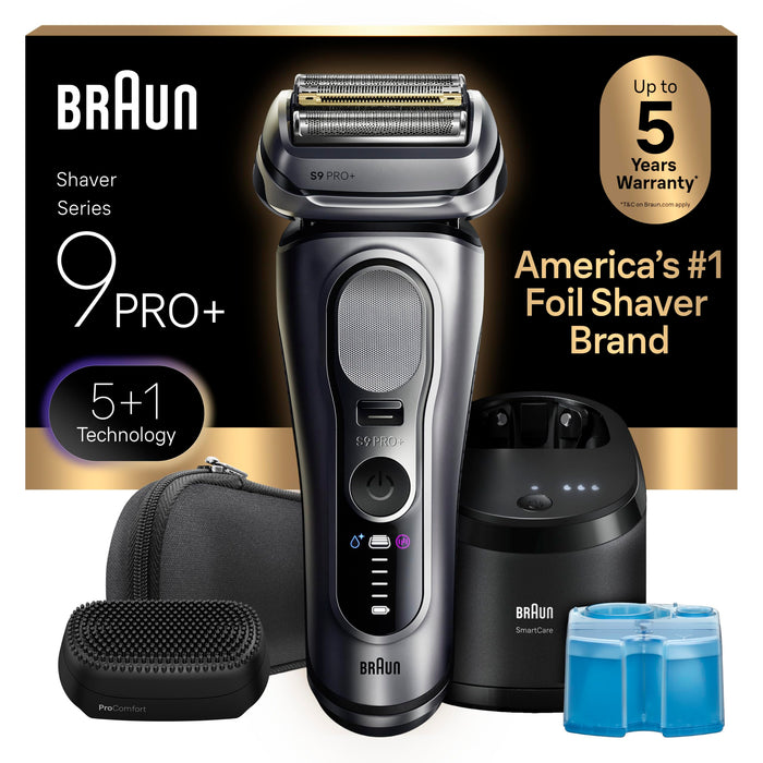 Braun Series 9 PRO+ Electric Shaver for Men, Wet & Dry Foil Razor, 6-in-1 SmartCare Clean & Charge Center, Built-in Precision ProTrimmer, ProComfort Attachment, Travel Case, Silver 9697cc