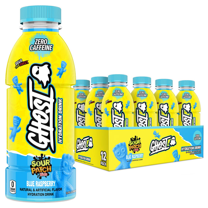 GHOST Hydration Drink, Sour Patch Kids Blue Raspberry - RTD Sports Drinks with Electrolytes for Hydration - Beverage for Athletes - Zero Caffeine & Zero Sugars - 16.9 Fl Oz, 12 Pack