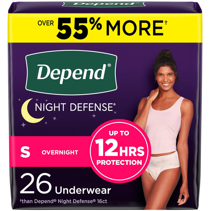 Depend Night Defense Adult Incontinence & Postpartum Bladder Leak Underwear for Women, Disposable, Overnight, Small, Blush, 26 Count, Packaging May Vary