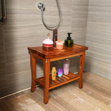 VaeFae Teak Shower Bench, Spa Bath Shower Stool with Storage Shelf, Wooden Seat Stool for Bathroom