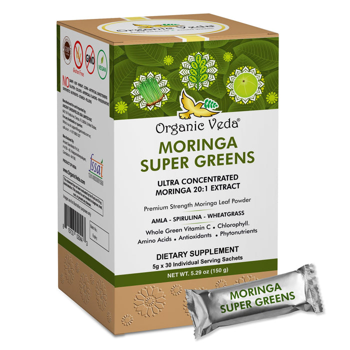 Organic Veda Moringa Powder Super Greens - 20 X Concentrated Moringa Leaf Extract with Amla, Wheatgrass, Spirulina, Chlorophyll for Tea, Cooking - Boosts Energy, Metabolism, Immunity - 5g X 30 Sachets