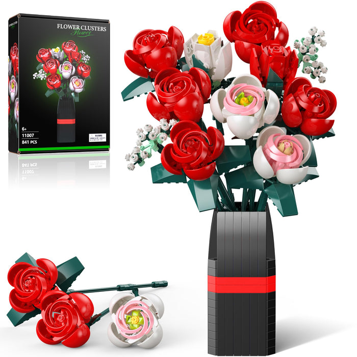 Flowers Bouquet Building Set, Roses Building Set with Vase, Home Office Creative Decoration, Valentine Day, Birthday, Christmas Ideal Gift for Kids, Adults - 841Pcs