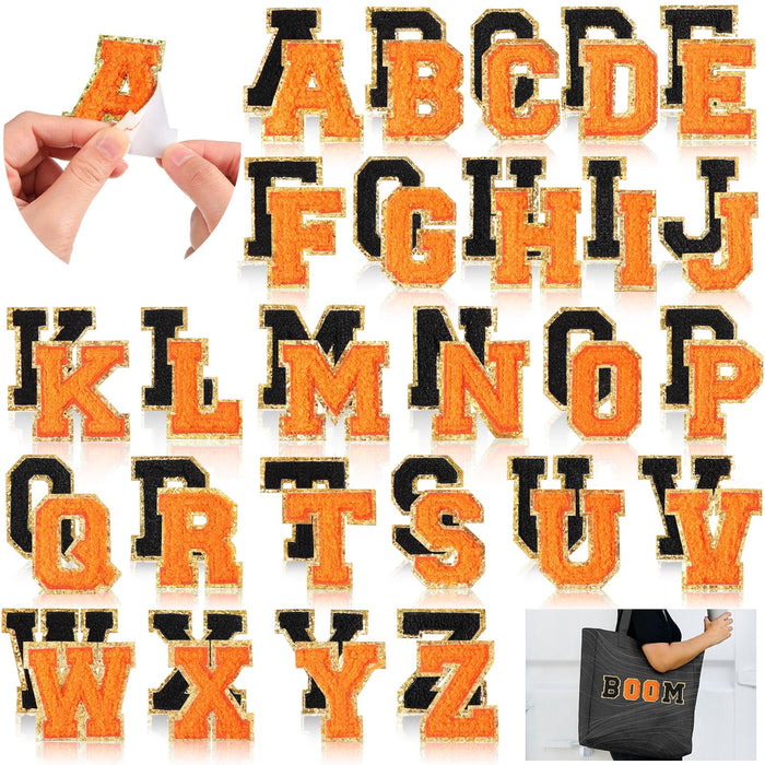 WILLBOND 52 Pcs Chenille Letter Patches Bulk Self Adhesive Letter Patches for Backpacks Stick on Letters Embroidered Applique Patch for Clothing Hats Halloween Christmas Supplies(Black, Orange)