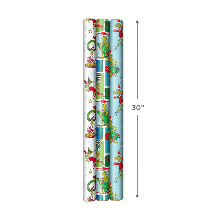 Hallmark Dr. Seuss Grinch Wrapping Paper for Kids (3 Rolls: 105 Sq. Ft. Ttl) for Christmas with Blue Tiles, White Snowflakes, Cindy Lou Who, Max