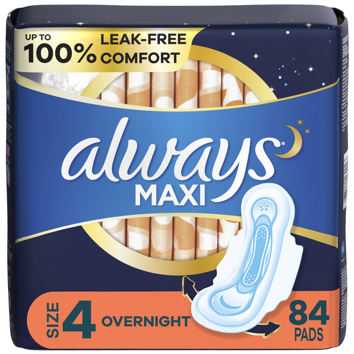 Always Maxi Overnight Pads with Wings, Size 4, Overnight, Unscented, 28 Count x 3 (84 Count Total)