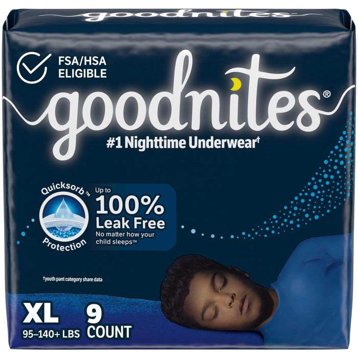Goodnites Boys' Nighttime Bedwetting Underwear, Size Extra Large (95-140+ lbs), 9 Ct, Packaging May Vary