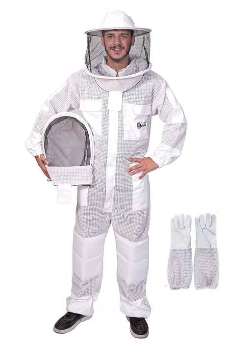 USKEEPERS 3-Layer Ultra Ventilated Bee Suit for Men & Women – Premium Beekeeping Suit with Bee Gloves & Two Detachable Beekeeping Veils (White 2XL)