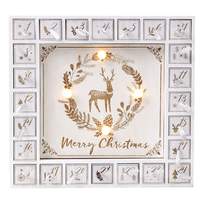 PIONEER-EFFORT Wooden Advent Calendar with Drawers and LED Lighting White Christmas Countdown Xmas Decoration