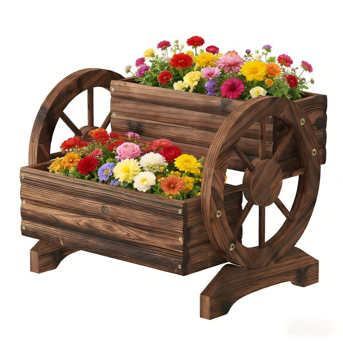 Wooden Wagon Planter Wooden Flower Cart with Wheels Outdoor Garden Planter, Decor Planter for Patio Balcony Decoration Succulent Flower Pot for Indoor Backyard Balcon planters (Carbonized, Medium)