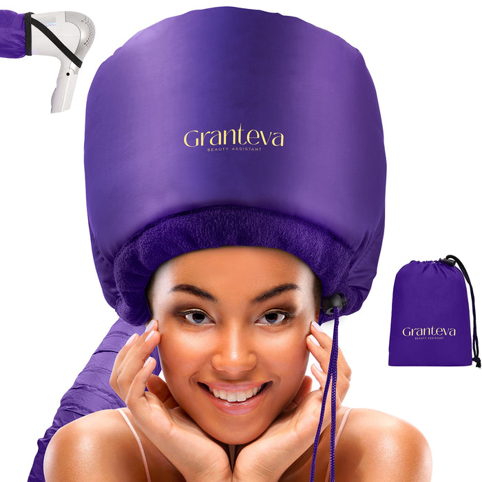 Bonnet Hair Dryer w/A Headband Integrated That Reduces Heat Around Ears & Neck - Hair Dryer Diffuser Cap for Hair Dryer Curly Hair, Speeds Up Drying Time, Deep Conditioning at Home - Large (Purple)