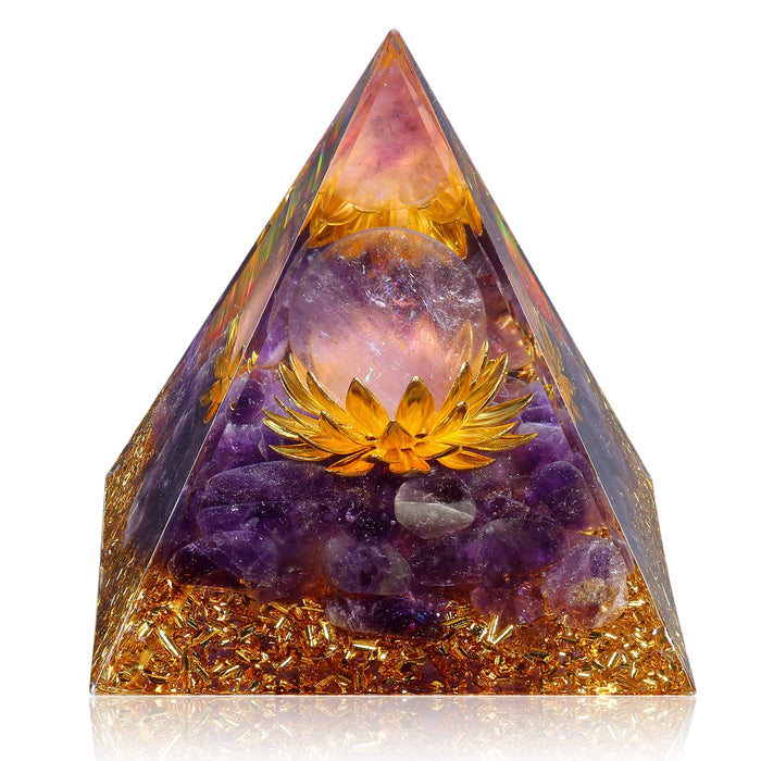 Hopeseed Orgone Crystal Pyramid for Positive Energy, Flower of Life Orgonite Amethyst Healing Crystals Pyramid for Reduce Stress Chakra Healing Meditation Attract Lucky, with 2 White Crystals Stones