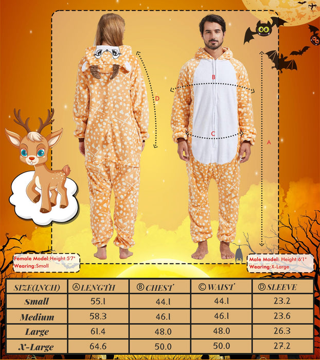 QUCH Adult Onesie Costume-Unisex Animal Onesies for Adults Halloween Costume, Halloween Onesie Adult Onesie Pajamas for Women Deer S