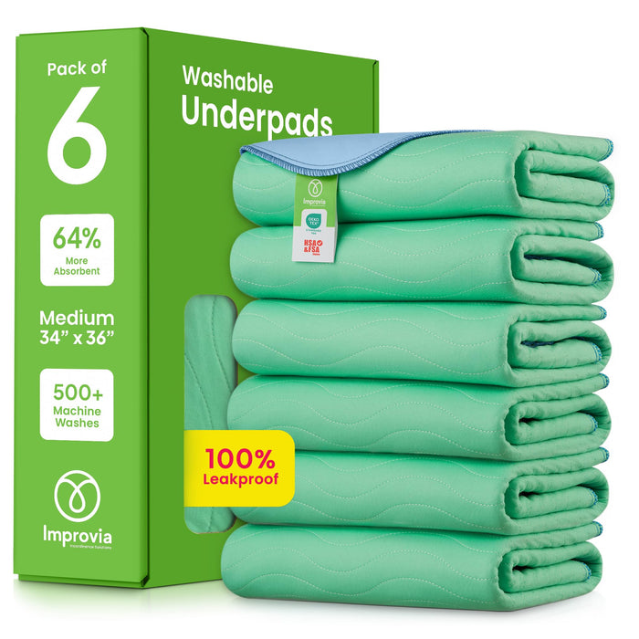 IMPROVIA® Washable Underpads, 34" x 36" (Pack of 6) - Heavy Absorbency Reusable Incontinence Pads for Kids, Adults, Elderly, and Pets - Waterproof Protective Pad for Bed, Couch, Sofa, Furniture, Floor