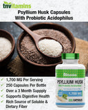 tnvitamins Psyllium Husk Capsules | 1700 MG - 250 Capsules | with Probiotic Acidophilus | Extra Strength Soluble & Dietary Fiber Supplement | Supports Digestive Health