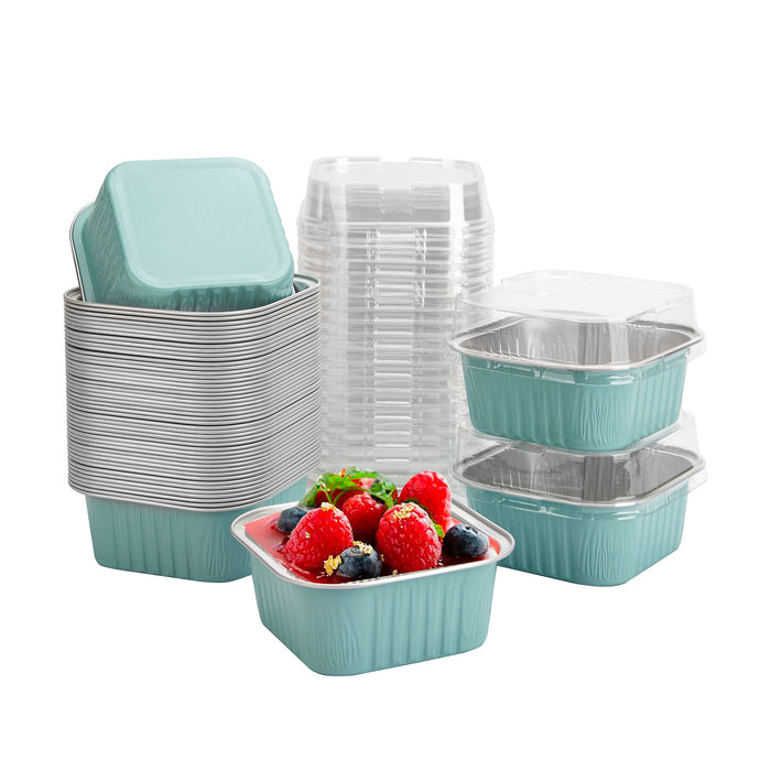 50 Pcs Mini Square Baking Cups with Lids,10oz Aluminum Foil Mini Cake Pans with Lids,Disposable Ramekins Cake Pans,300ml Dessert Cups Cupcake Pans for Wedding Birthday Party,Blue